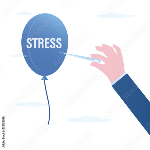 Psychotherapist hand holds large needle and pops balloon with inscription - stress. Solving problems of psychological pressure. Mental health, psychoanalyst help. Medical support.