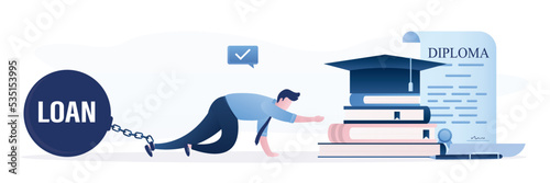 Student loan for education. Unhappy young man is chained to large loan and crawls towards diploma and graduate hat. Inaccessible education, high tuition fees for college or courses.