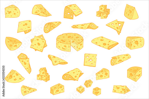 Hand drawn cheese parts and slices isolated on a white background. Cheese icon. Vector cheese clipart