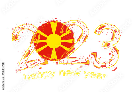 Obraz na plátne 2023 Year in grunge style with flag of Macedonia.