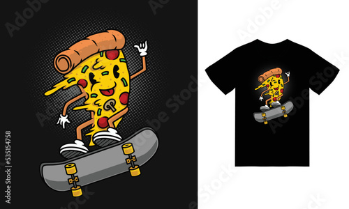 Cute mascot pizza skateboarding illustration with t shirt design premium vector