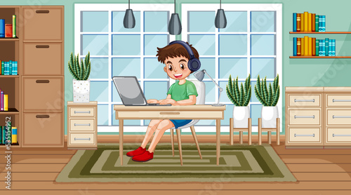 A boy browsing internet on laptop