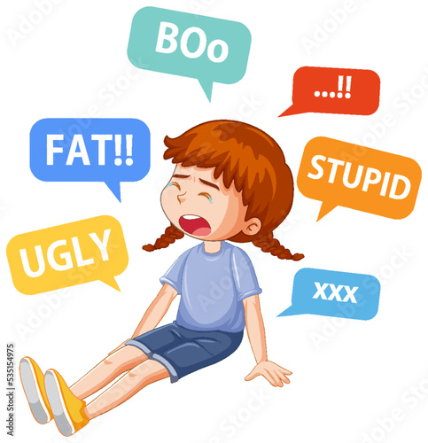 Sad girl surrounded by bullying words