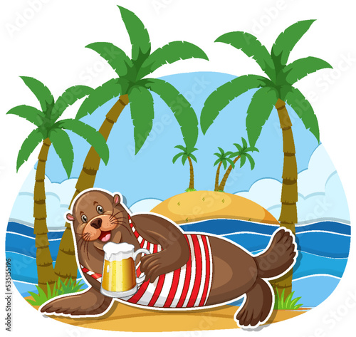 Sea lion cartoon character at the beach