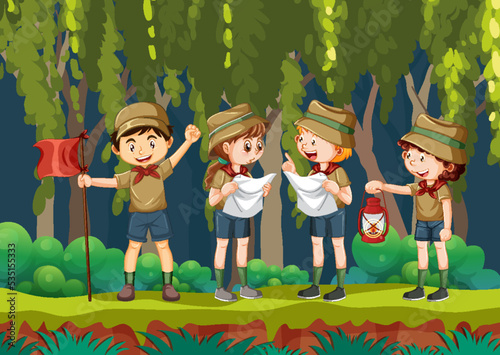 Scout kids hiking in the forest
