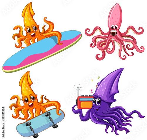 Squid cartoon characters set