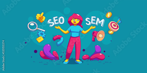 SEO vs SEM concept. Woman choose between two digital marketing strategies for advertising in internet, icons of target, megaphone, money, magnifier, vector illustration in contemporary style