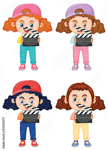 Set of cute girl cartoon character with curly pigtail hair holding film slate