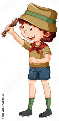 Camping boy holding firewood