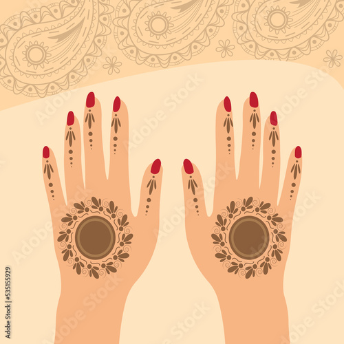 Floral Mandala Henna Mehndi Hands Vector Illustration with Black Ornamental Mandala Background, Hand Drawn Henna Vector Design