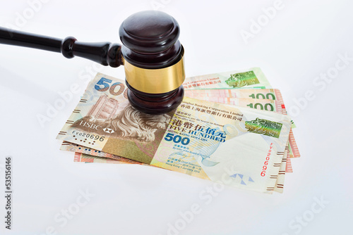 Canvas Print Law gavel on Hong Kong money against white background