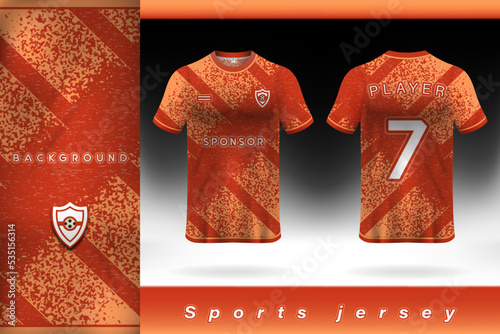 Red orange sports jersey template design on grunge texture background

