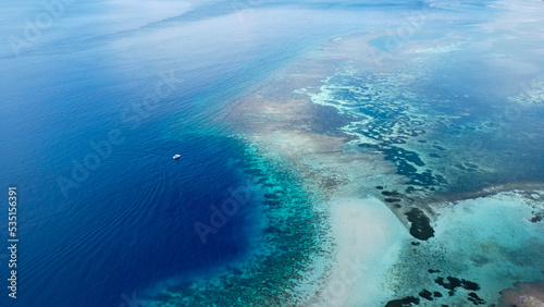 Expansive, healthy coral reef in beautiful turquoise and blue ocean water on the Coral Triangle in Timor Leste, Southeast Asia, aerial drone of sea from above