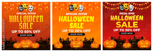 Halloween Sale Promotion with scary balloon and castle vector, happy halloween background for business retail promotion, banner, poster, social media, feed, invitation