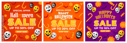Halloween Sale Promotion with scary balloon and candy vector, happy halloween background for business retail promotion, banner, poster, social media, feed, invitation