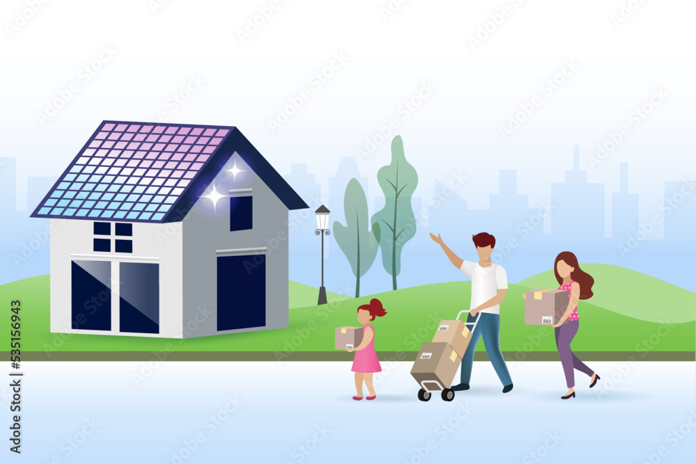 Relocation, move to new house, buy new home concept. Happy family hold boxes moving to new house. Mortgage, real estate. Relocation, move to new house, buy new home concept. Happy family hold boxes moving to new house. Mortgage, real estate.