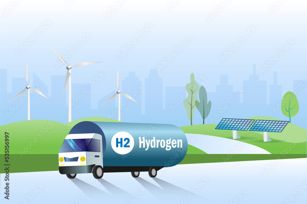 Hydrogen truck on road transport H2 Hydrogen fuel to gas stations. Clean hydrogen energy for renewable fuel, alternative sustainable energy, fuel for future industry