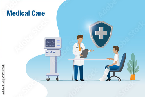 Doctor diagnosis and give consultation to broken leg man at hospital with medical shield. Medical, healthcare and accident insurance protection concept.