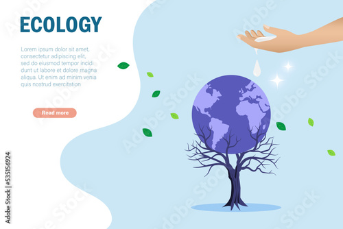 Hand showering water on earth with dried tree. Ecology, earth day and world environment day concept for sustainable strategy, care for forest.