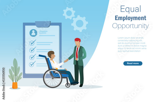 Equal employment opportunity and break the bias concept. Businessman handshake to hiring man on wheelchair to company.