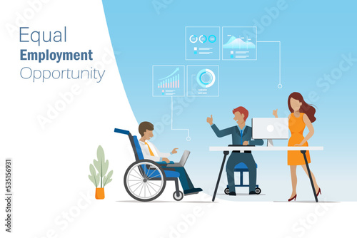 Equal employment opportunity and break the bias concept. Man on wheelchair analyzing and discussing business graph report with team