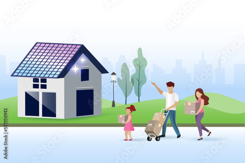 Relocation, move to new house, buy new home concept. Happy family hold boxes moving to new house. Mortgage, real estate.