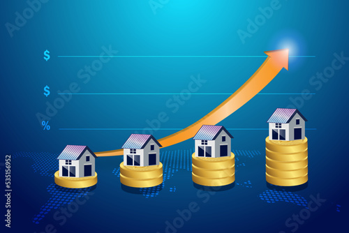 House on gold coin stack with rising graph price. Concept of real estate market, economic inflation, cost of house construction, home insurance service price growth