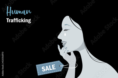 Human Trafficking, prostitution and violence against woman concept. Abused woman crying hopeless with sale tag label on hand.