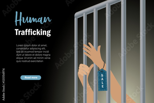 Human Trafficking and human rights concept. Hands with sale label tag imprisonment in jail bars asking hopeless for help.
