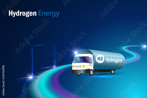 Hydrogen truck on futuristic road transport H2 Hydrogen fuel to gas stations. Clean hydrogen energy for renewable fuel, alternative sustainable energy, fuel for future industry