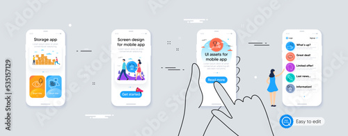 Social distance, Stress and Stop stress line icons for website, printing. Phone ui interface. Collection of Dumbbell, Coronavirus protection, Cough icons. Vector