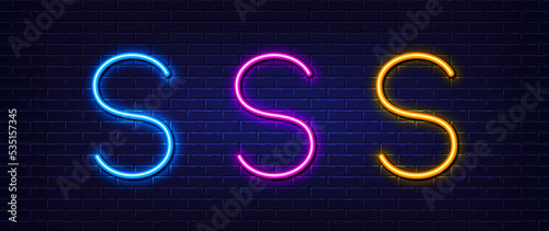 Initial letter S icon. Neon light line effect. Line typography character sign. Large first font letter. Glowing neon light element. Letter S glow 3d line. Brick wall banner. Vector