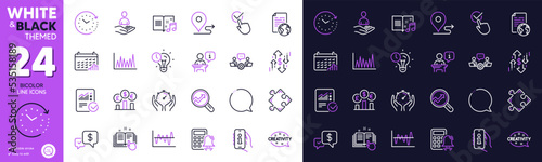 Analytics, Dollar rate and Calculator alarm line icons for website, printing. Collection of Strategy, Checkbox, Currency rate icons. Support, Time management, Time change web elements. Vector