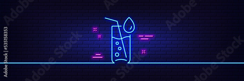 Neon light glow effect. Water glass line icon. Soda aqua drink sign. Drop symbol. 3d line neon glow icon. Brick wall banner. Water glass outline. Vector