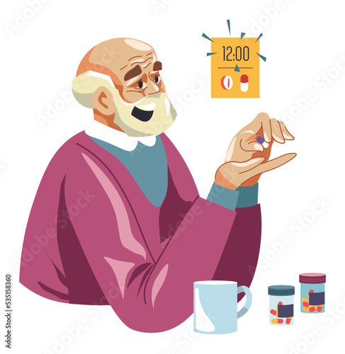 Grandpa taking medicine in time, healthcare