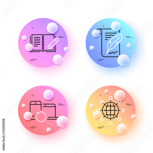 Feedback, International globe and Feather minimal line icons. 3d spheres or balls buttons. Recovery devices icons. For web, application, printing. Vector