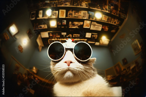 a cat wearing sunglasses in a room