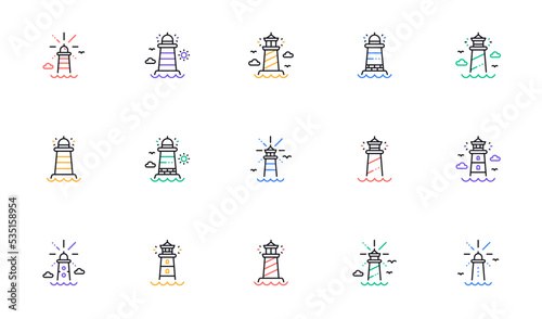 Lighthouse line icons. Searchlight tower with seagull for marine navigation of ships. Sea pharos, lighthouse or beacon icons. Linear set. Bicolor outline web elements. Vector