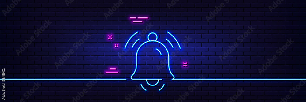 Neon light glow effect. Notification bell line icon. Alarm reminder sign. Alarm clock symbol. 3d line neon glow icon. Brick wall banner. Notification bell outline. Vector