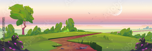 Sunrise nature landscape, summer early morning cartoon background with narrow dirt road going along green field to lake or sea shore. Path under pink sky with crescent, game, scene Vector illustration