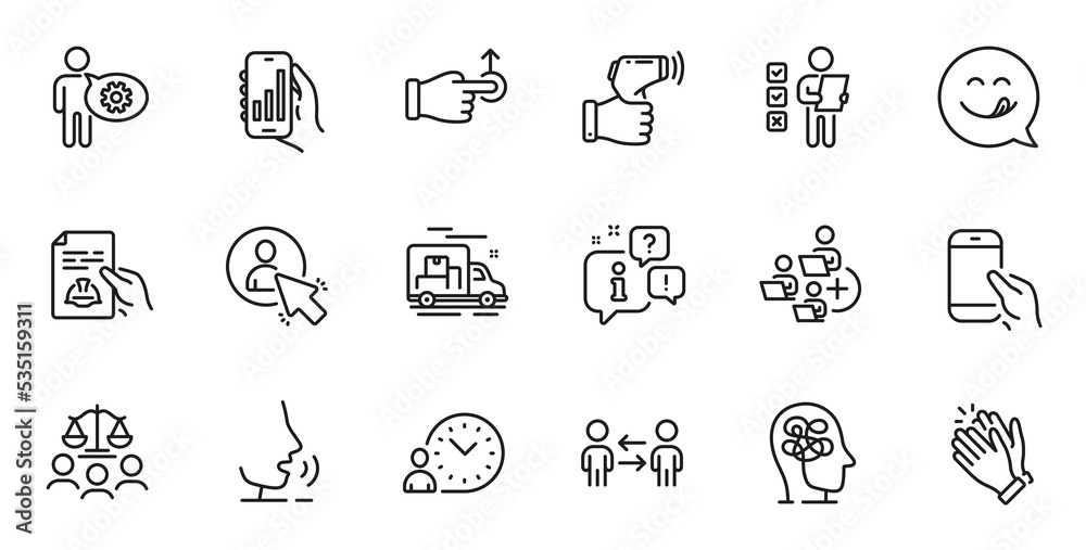 Outline set of Teamwork business, Court jury and Time management line icons for web application. Talk, information, delivery truck outline icon. Include Analysis app, Drag drop, Stress icons. Vector Outline set of Teamwork business, Court jury and Time management line icons for web application. Talk, information, delivery truck outline icon. Include Analysis app, Drag drop, Stress icons. Vector