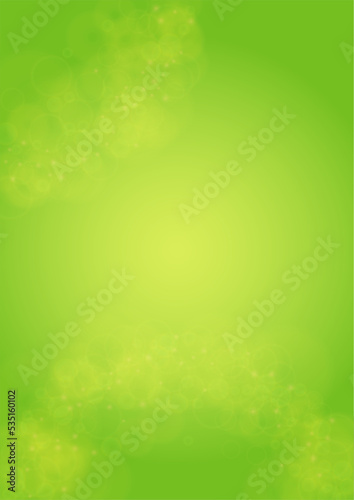 Abstract Green Background with Golden Circular Spot Lights.  Vibrant Sunlight  Summer and Spring Texture. Eco and Environment Page Design. Defocused Fresh Leaf Print. Bokeh Blurry Template.