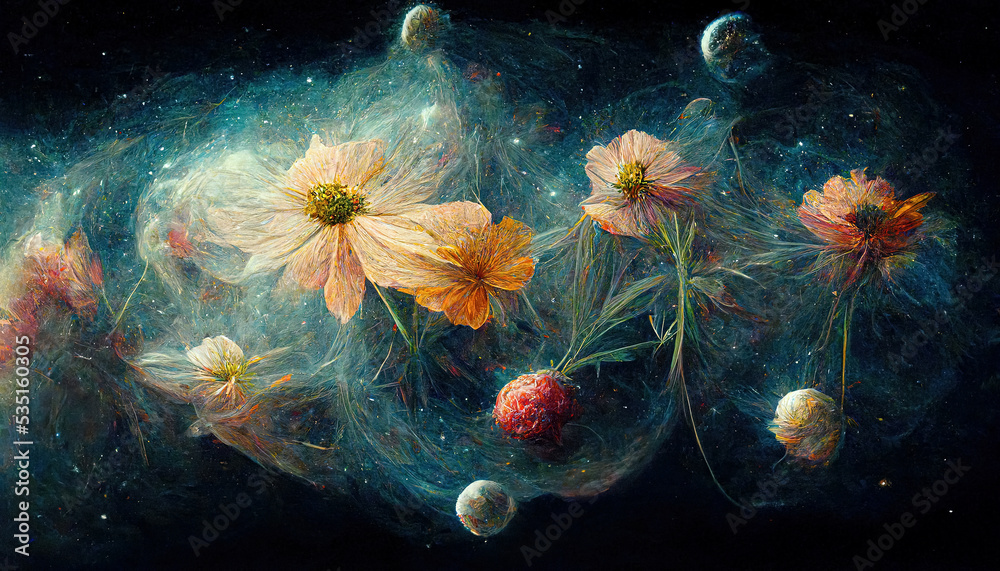 Abstract cosmic, galaxy garden artistic flower with dark, deep space ...
