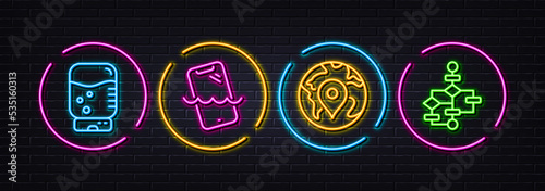 Pin, Smartphone waterproof and Water cooler minimal line icons. Neon laser 3d lights. Block diagram icons. For web, application, printing. Map point, Phone, Office drink. Algorithm path. Vector