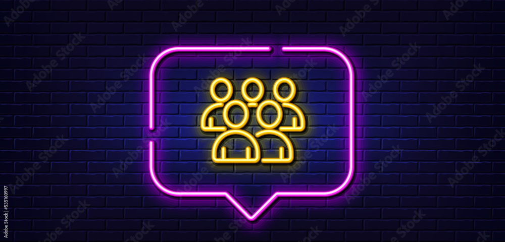 Neon light speech bubble. Group line icon. Business management sign. Teamwork symbol. Neon light background. Group glow line. Brick wall banner. Vector Neon light speech bubble. Group line icon. Business management sign. Teamwork symbol. Neon light background. Group glow line. Brick wall banner. Vector