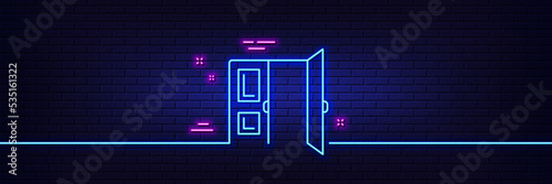 Neon light glow effect. Open door line icon. Entrance doorway sign. Building exit symbol. 3d line neon glow icon. Brick wall banner. Open door outline. Vector