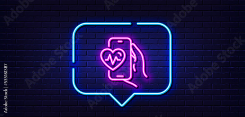Neon light speech bubble. Cardio training app line icon. Fat burning application sign. Gym fit heartbeat symbol. Neon light background. Cardio training glow line. Brick wall banner. Vector