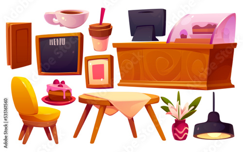 Cartoon set of cafe interior elements isolated on white background. Vector illustration of menu board, table and chair, counter desk and desserts on glass display, coffee cup, lamp and flower pot