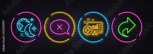 Sleep, Medical analytics and Reject minimal line icons. Neon laser 3d lights. Share icons. For web, application, printing. World and moon, Medicine system, Delete message. Link. Vector