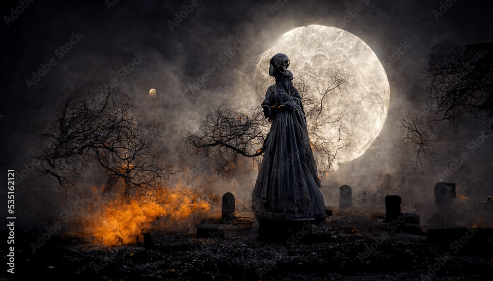 Scary ghost woman in haunted cemetery. Digital art